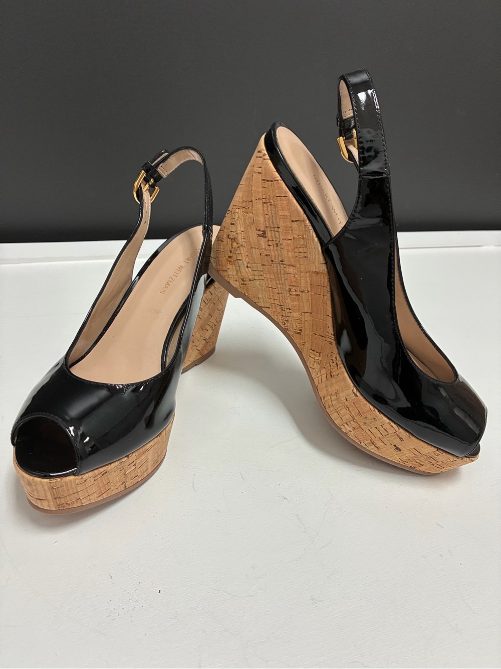 Stuart Weitzman Black Patent Cork Wedge Slingback Peep-Toe Heels - Picture 1 of 7